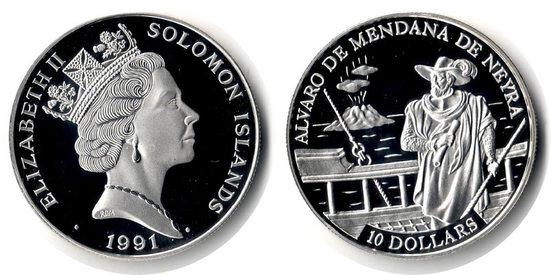  Solomon Island 10 Dollar (Alvaro de Mendana Neyra) 1991  FM-Frankfurt  Feingewicht: 29,11g Silber pp   