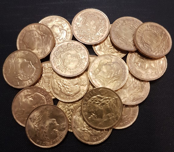 Schweiz MM-Frankfurt Feingewicht: 116,2g Gold 20 x 20sFR (Vreneli) verschiedene sehr schön/vorzüglich