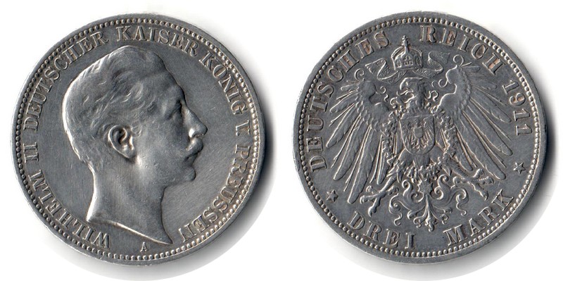  Preussen, Kaiserreich  3 Mark  1911 A  FM-Frankfurt Feingewicht: 15g Silber sehr schön   