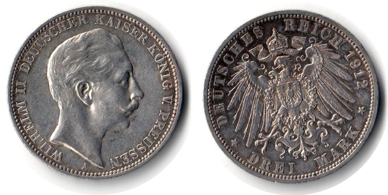  Preußen, Kaiserreich  3 Mark  1912 A  FM-Frankfurt Feingewicht: 15g Silber sehr schön   