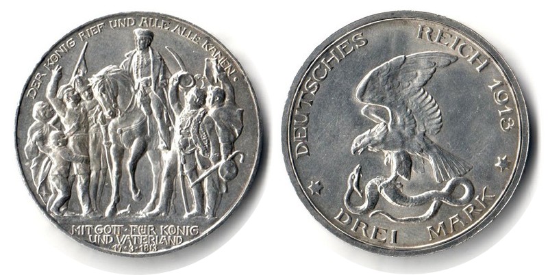 Preußen, Kaiserreich  3 Mark  1913  FM-Frankfurt Feingewicht: 15g Silber sehr schön   