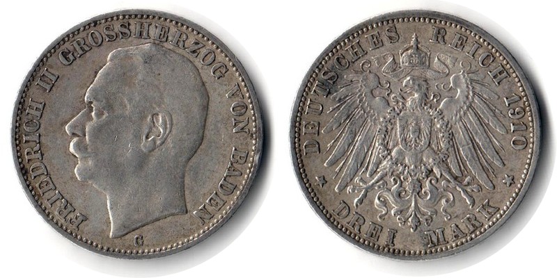  Baden, Kaiserreich  3 Mark  1910 G  FM-Frankfurt Feingewicht: 15g Silber sehr schön   