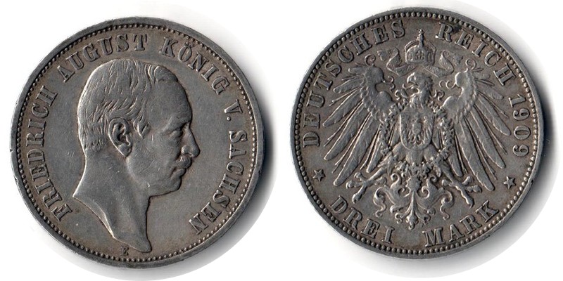  Sachsen, Kaiserreich  3 Mark  1909 E FM-Frankfurt Feingewicht: 15g Silber sehr schön   
