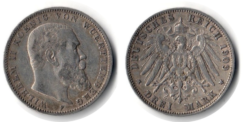  Württemberg, Kaiserreich  3 Mark  1909 F FM-Frankfurt Feingewicht: 15g Silber sehr schön   