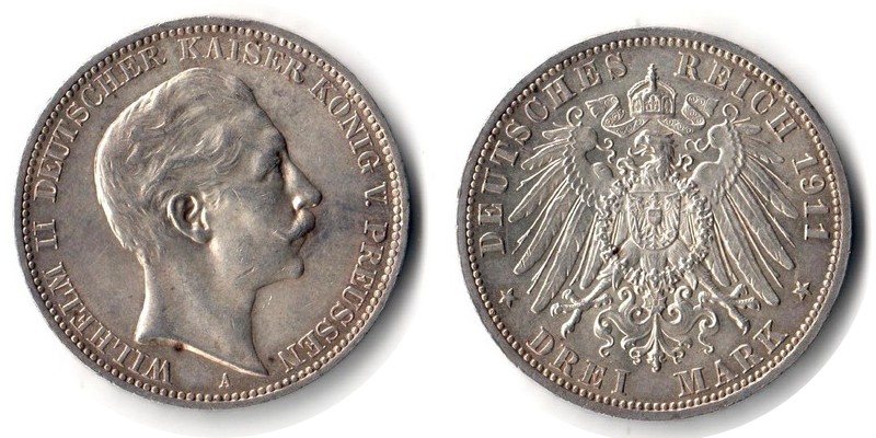  Preussen, Kaiserreich  3 Mark  1911 A  FM-Frankfurt Feingewicht: 15g Silber sehr schön   