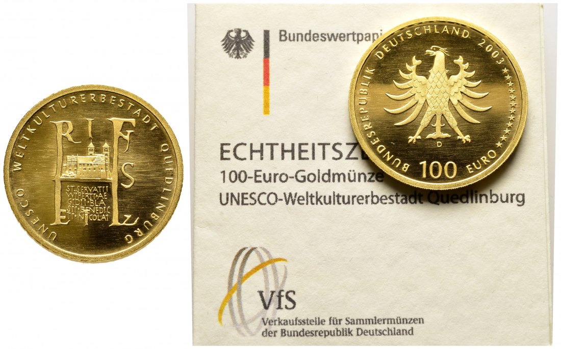 PEUS 8909 BRD 15,55 g Feingold. Quedlinburg mit Zertifikat 100 Euro GOLD 2003 D München Stempelglanz (in Kapsel)