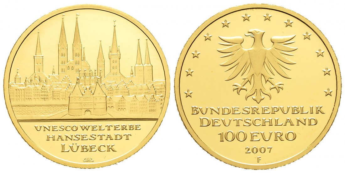 PEUS 8913 BRD - Hansestadt Lübeck 15,55 g Feingold. Lübeck OHNE Etui + Zertifikat 100 Euro GOLD 1/2 Unze 2007 F Stuttgart Stempelglanz (in Kapsel)