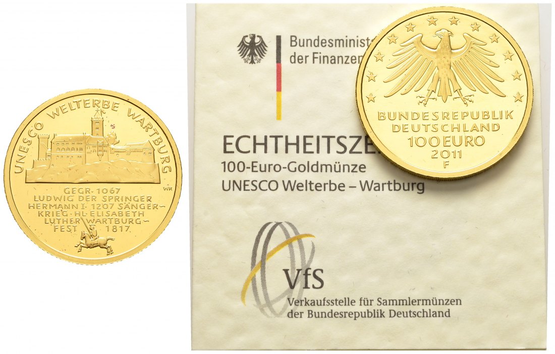 PEUS 8917 BRD 15,55 g Feingold. Wartburg NUR mit Zertifikat 100 Euro GOLD 2011 F Stuttgart Stempelglanz (in Kapsel)
