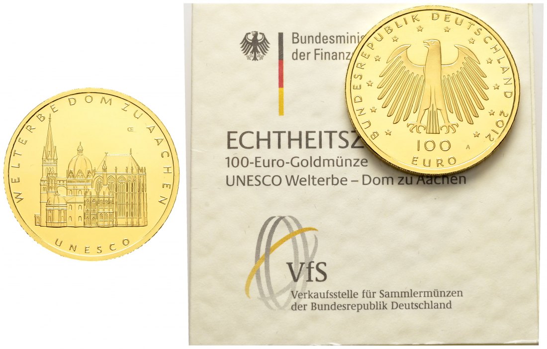 PEUS 8918 BRD 15,55 g Feingold. Dom zu Aachen  NUR mit Zertifikat 100 Euro GOLD 2012 A Berlin Stempelglanz (in Kapsel)