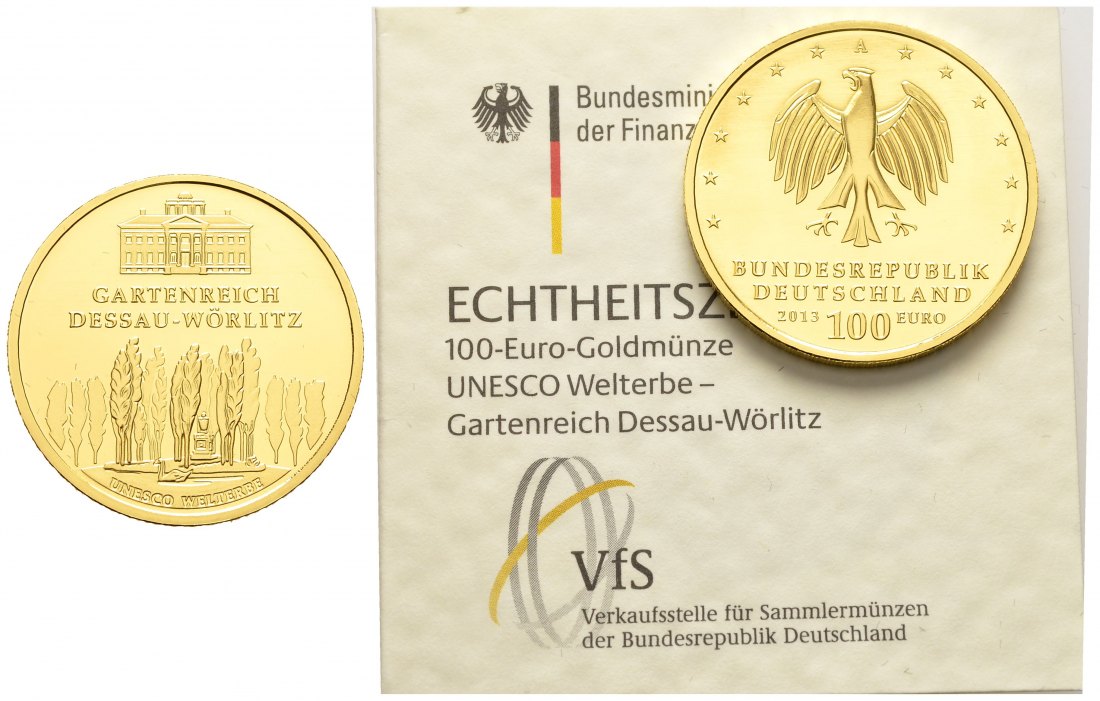 PEUS 8919 BRD 15,55 g Feingold. Dessau-Wörlitz  NUR mit Zertifikat 100 Euro GOLD 1/2 Unze 2013 A Berlin Stempelglanz (in Kapsel)