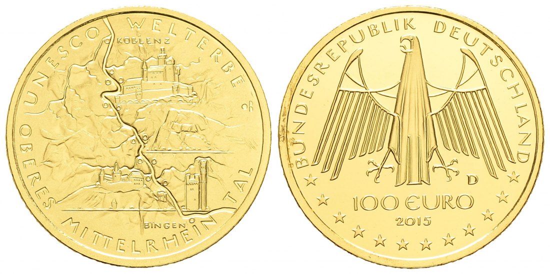 PEUS 8921 BRD 15,55 g Feingold. Oberes Mittelrheintal OHNE Etui + Zertifikat. 100 Euro GOLD 2015 D München Stempelglanz (in Kapsel)