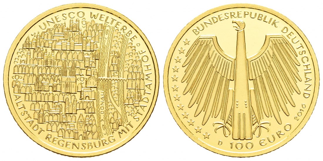 PEUS 8922 BRD 15,55 g Feingold. Regensburg OHNE Etui + Zertifikat 100 Euro GOLD 2016 D München Stempelglanz (in Kapsel)