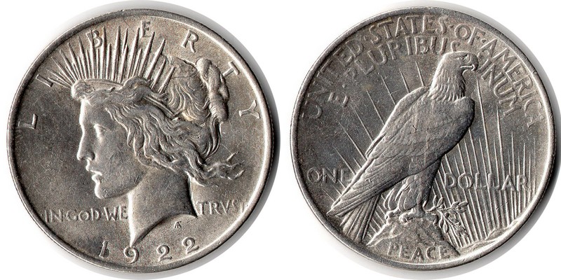  USA  1 Dollar (Peace Dollar) 1922  FM-Frankfurt Feingewicht: 24,06g Silber sehr schön   
