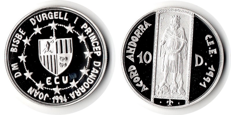  Andorra  10 Dinar (1 ECU)  1991 FM-Frankfurt  Feingewicht: 29,11g Silber PP   