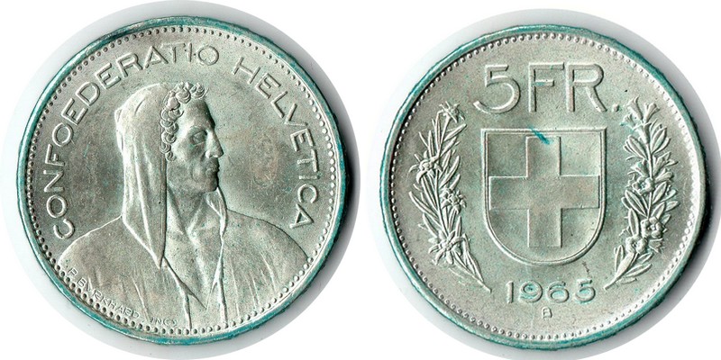  Schweiz  5 Franken  1965  FM-Frankfurt Feingewicht: 12.52g Silber sehr schön/vz   