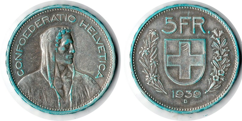  Schweiz  5 Franken  1939  FM-Frankfurt Feingewicht: 12,53g Silber sehr schön   