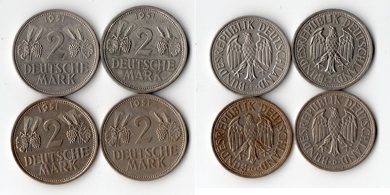  BRD  4 x 2 DM  1951 D,F,G,J  FM-Frankfurt Raugewicht: 4 x 7g Kupfer/Nickel sehr schön   