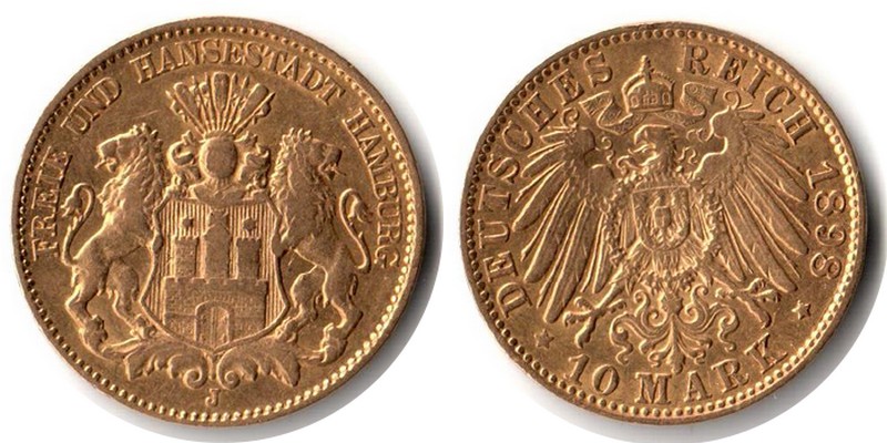 Hamburg, Kaiserreich MM-Frankfurt Feingewicht:3,58g Gold 10 Mark 1898 J sehr schön