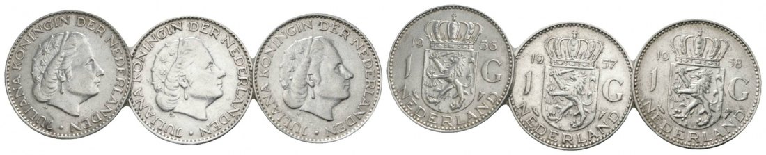  Niederlande, 1 Gulden 1956/1957/1958 (3 Münzen) AG   