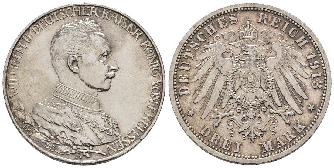 PEUS 8998 Preußen - Kaiserreich 25jähriges Regierungsjubiläum Wilhelm II. in Uniform 3 Mark 1913 A Vorzüglich