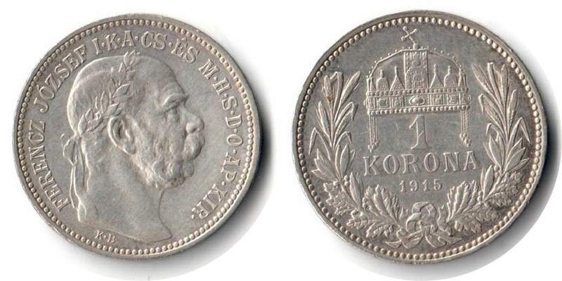  Ungarn  1 Krone  1915  FM-Frankfurt Feingewicht: 4,18g  Silber sehr schön   