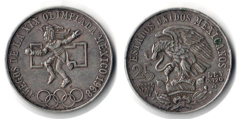  Mexiko  25 Pesos  1968  FM-Frankfurt  Feingewicht: 16,2g  Silber     ss   