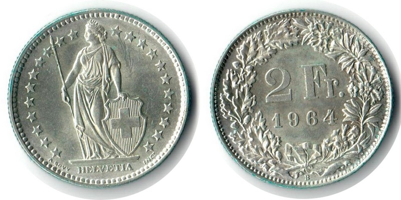  Schweiz  2 Franken  1964  FM-Frankfurt  Feingewicht: 10g Silber vorzüglich   