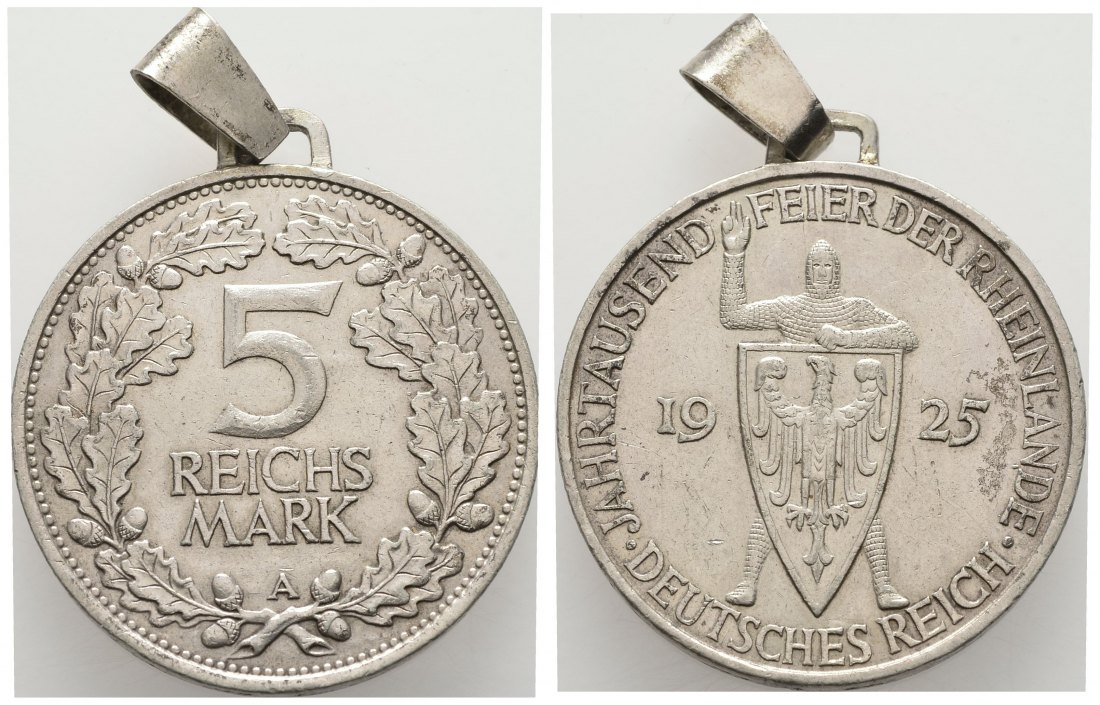 PEUS Weimarer Republik Jahrtausendfeier der Rheinlande 5 Reichsmark 1925 A Gehenkelt, Sehr schön