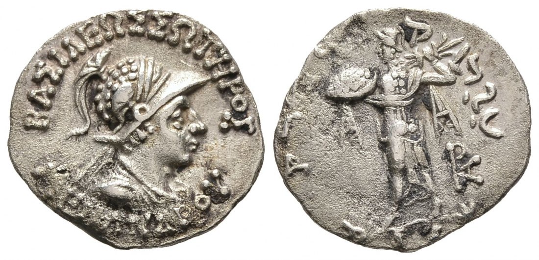PEUS Indien. Griechische Könige Menandros I., 155-130 v.Chr. Drachme Menandros I., 15 Korrosionsspuren Sehr schön