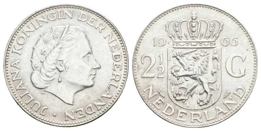  Niederlande, 2 1/2 Gulden 1966 Ag   