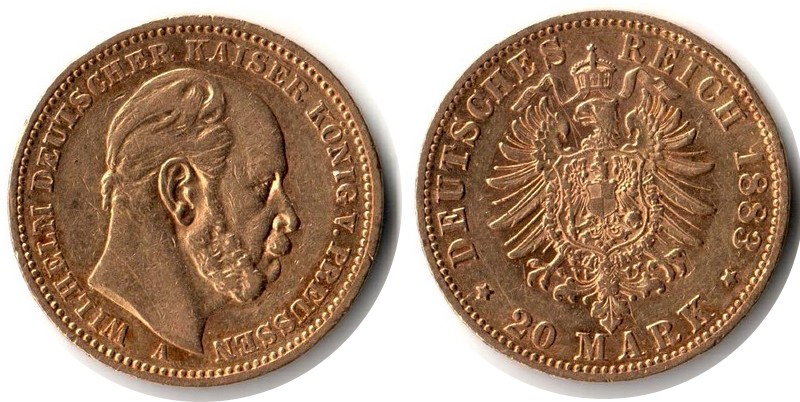 Preussen, Königreich MM-Frankfurt Feingewicht: 7,17g Gold 20 Mark 1883 A sehr schön