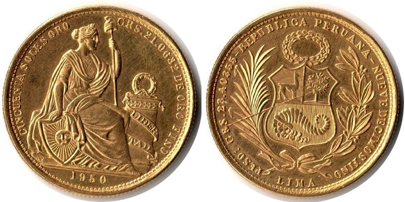 Peru MM-Frankfurt Feingewicht: 21,06g Gold 50  Soles 1950 sehr schön (langer Kratzer)