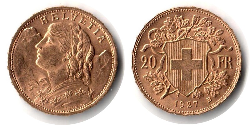 Schweiz MM-Frankfurt Feingewicht: 5,81g Gold 20sFR (Vreneli) 1927 B sehr schön/vorzüglich