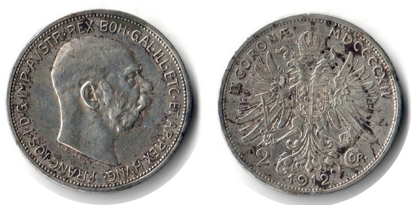  Österreich  2 Kronen  1912  FM-Frankfurt Feingewicht: 8,35g  Silber sehr schön   