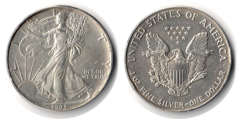  USA  1 Dollar (American Eagle) 1993 FM-Frankfurt Feingewicht: 31,1g Silber ss/vorzüglich   