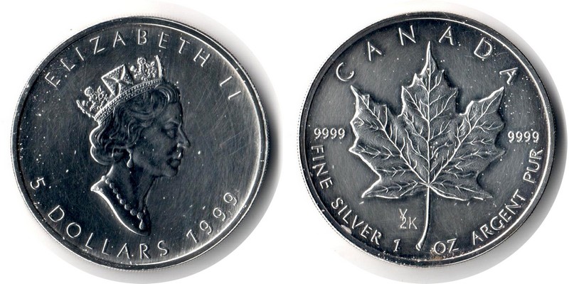  Kanada  5 Dollar (Maple Leaf) 1999 FM-Frankfurt Feingewicht: 31,1g Silber vorzüglich/sehr schön   