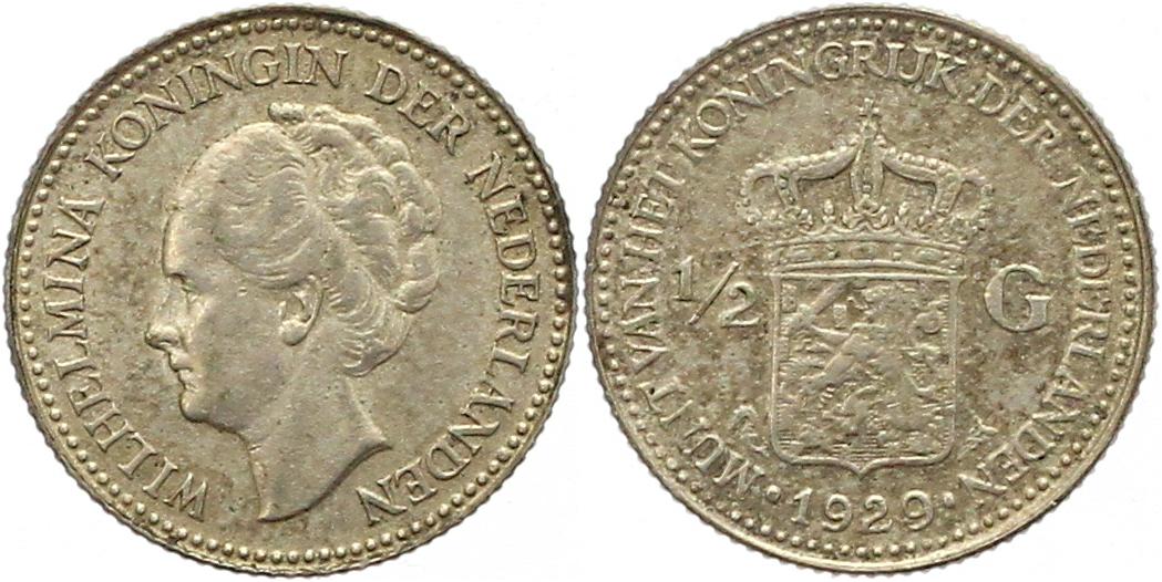  9665 Niederlande 1/2 Gulden Silber 1929   