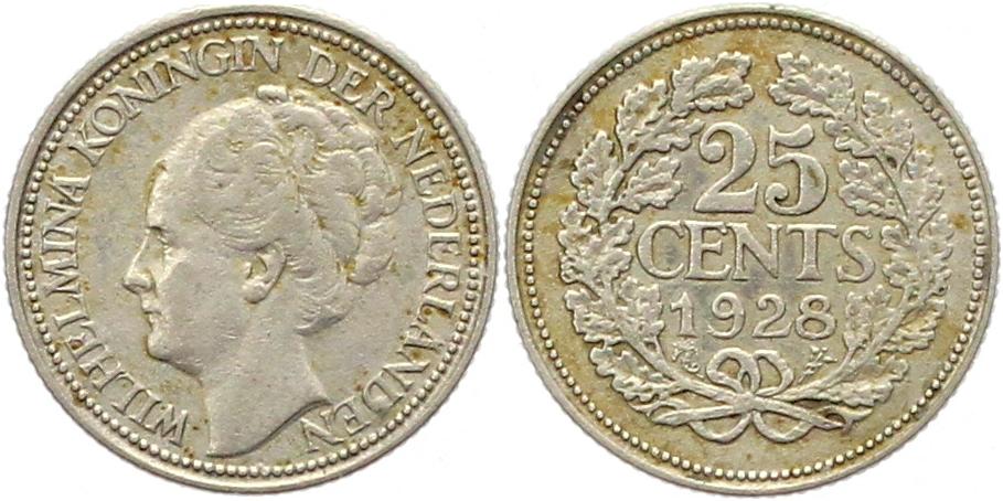  9675 Niederlande 25 Cent Silber 1928   