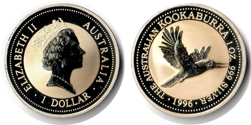  Australien  1 Dollar  1996  FM-Frankfurt Feingewicht: 31,1g Silber  stempelglanz  Kookaburra   