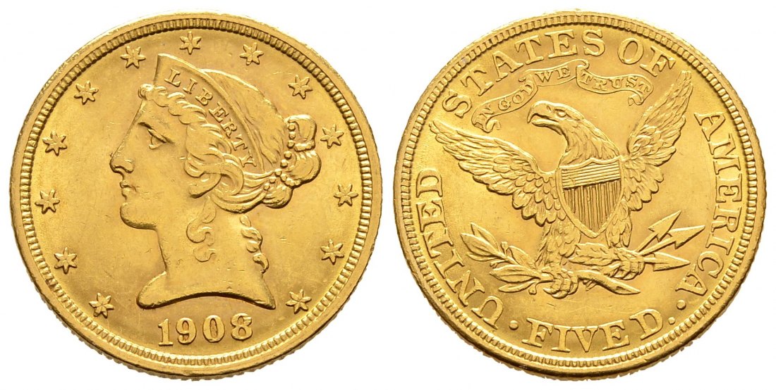 PEUS 9020 USA 7,52 g Feingold. Coronet Head 5 Dollars GOLD 1908 Kl. Kratzer, Sehr schön +