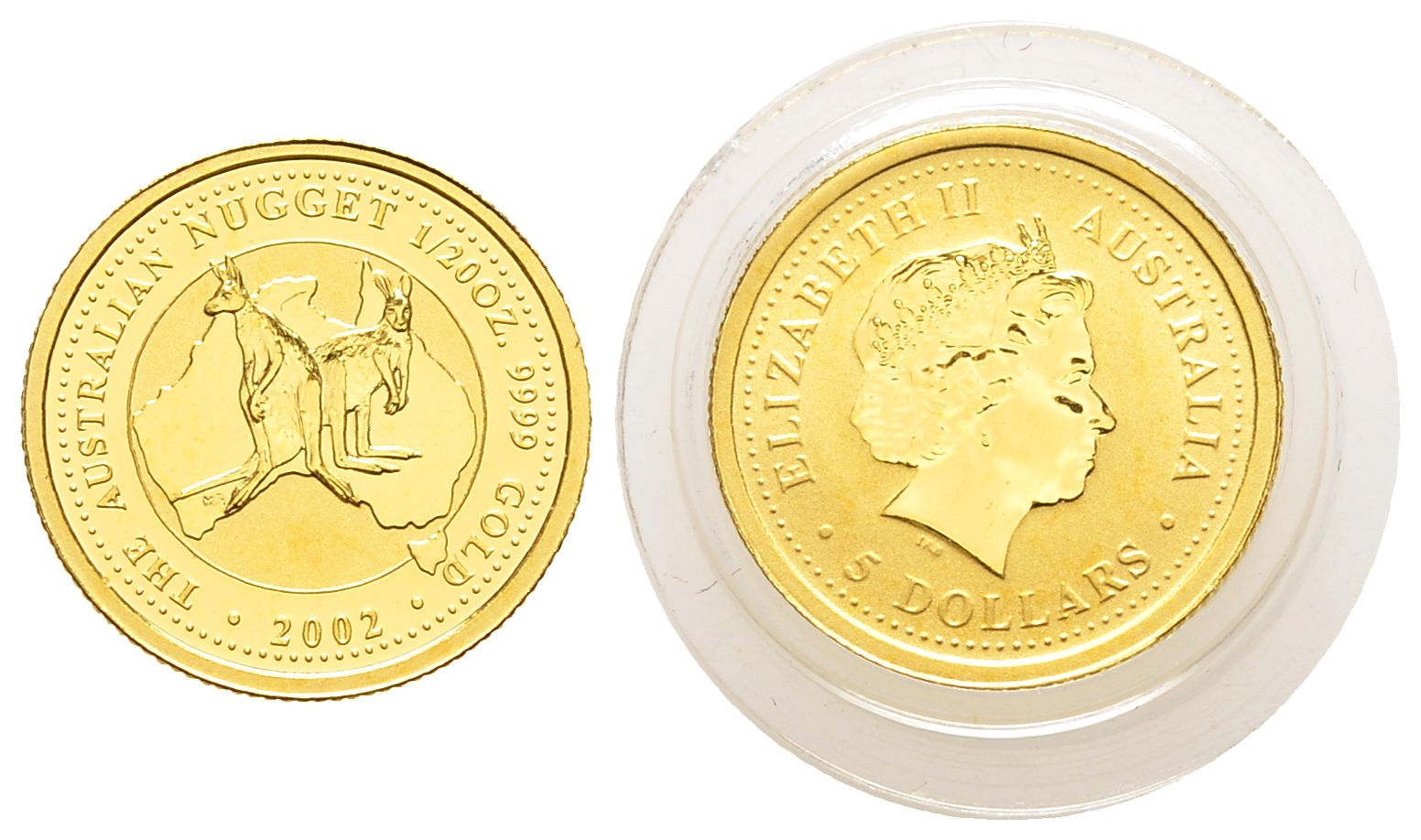 PEUS 9024 Australien 1,56 g Feingold. Zwei Kängurus vor Landkarte 5 Dollars GOLD 1/20 Unze 2002 Uncirculated (in Kapsel)