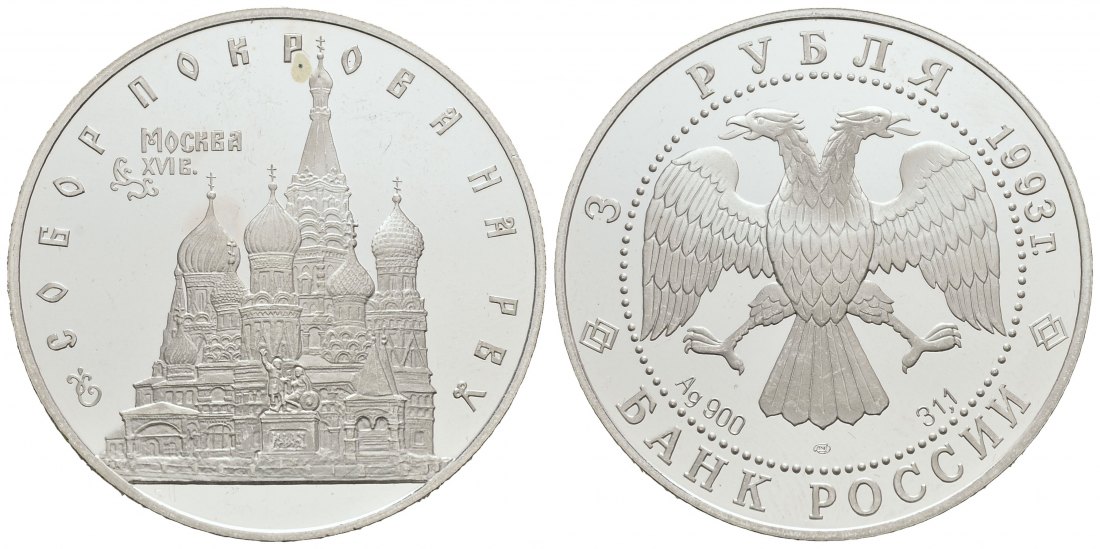PEUS 9043 Russland 31,1 g Feinsilber. Denkmäler der Architektur - Basilius-Kathedrale 3 Rubel SILBER Unze 1993 Proof (berührt)