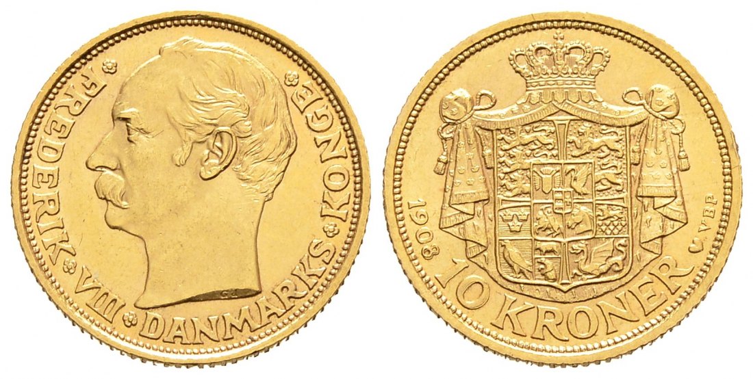 PEUS 9052 Dänemark 4,03 g Feingold. Herz= Kopenhagen Friedrich VIII. (1906 - 1912) 10 Kronen GOLD 1908 VBP Vorzüglich