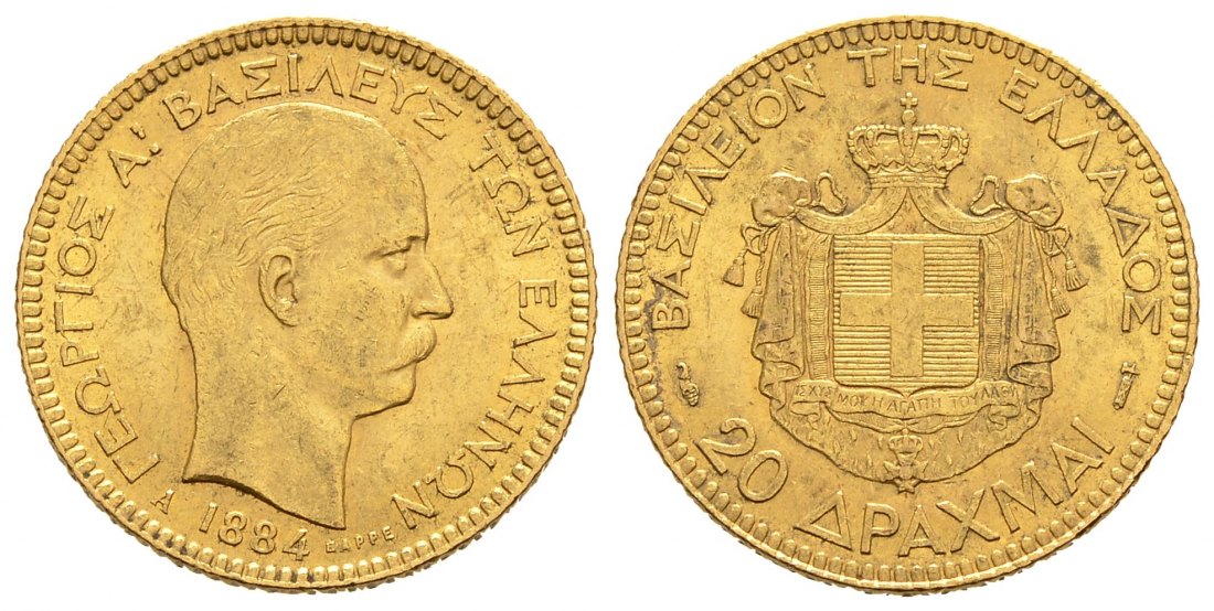 PEUS 9055 Griechenland 5,81 g Feingold. Georg I. (1863 - 1913) 20 Drachmen GOLD 1884 A Sehr schön