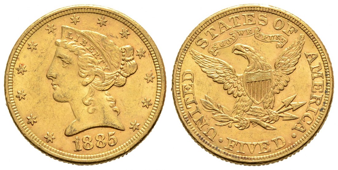 PEUS 9057 USA 7,52 g Feingold. Coronet Head 5 Dollars GOLD 1885 Sehr schön
