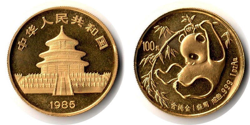 China MM-Frankfurt Feingewicht 31,1g Gold 100 Yuan (Panda) 1985 vorzüglich