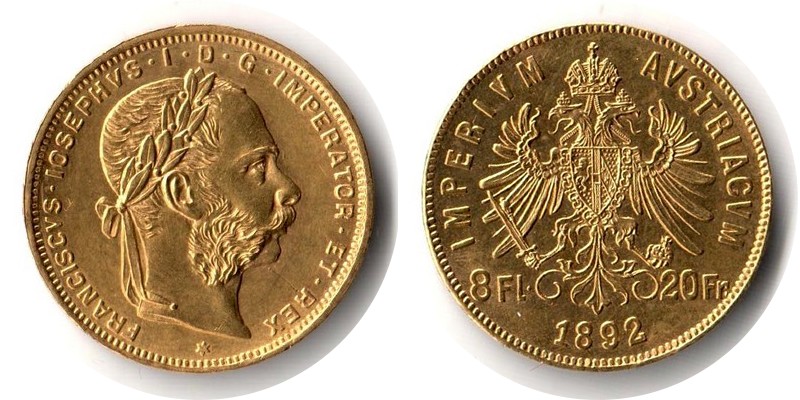 Österreich MM-Frankfurt Feingewicht: 5,81g Gold 8 Florin - 20 Francs 1892 sehr schön