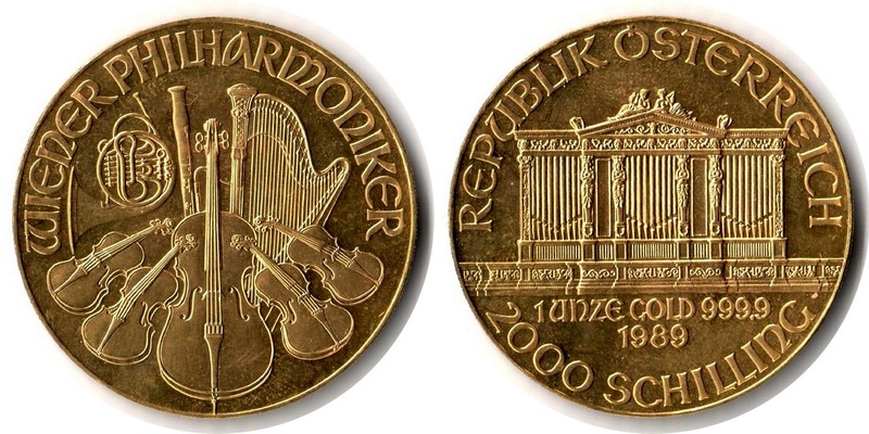 Österreich MM-Frankfurt Feingewicht: 31,1g Gold 2000 Schilling (Wiener Philharmoniker) 1989 vorzüglich