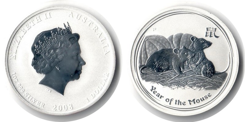  Australien  1 Dollar Lunar Serie-Maus 2008 FM-Frankfurt  Feingewicht: 31,1g Silber  stg   