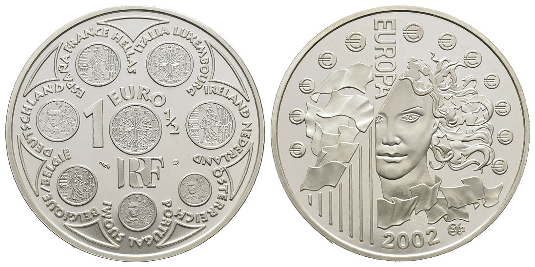 PEUS 4386 Frankreich 19,98 g Feinsilber. Währungsunion 1 1/2 Euro SILBER 2002 Proof